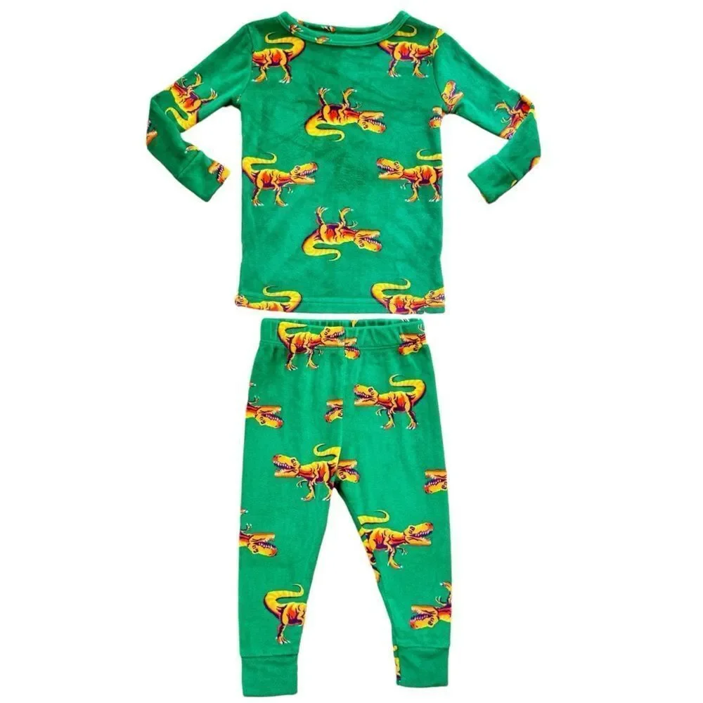 Cat & Jack Kids Long Sleeve Velour Style Dino Print Pajama Set. PJs. 18 Months.
